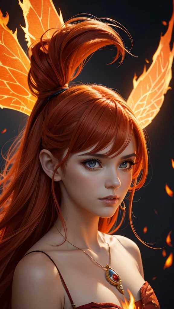 “Generate an extreme close-up portrait of a Flame Fairy. The fairy should have fiery red or orange hair, with wings that appear as if they are flickering flames. The expression should be confident and intense. Ensure that the background is heavily blurred, focusing on the fairy’s face with vibrant, fiery colors and dramatic lighting to accentuate the warmth and energy of the character.”
