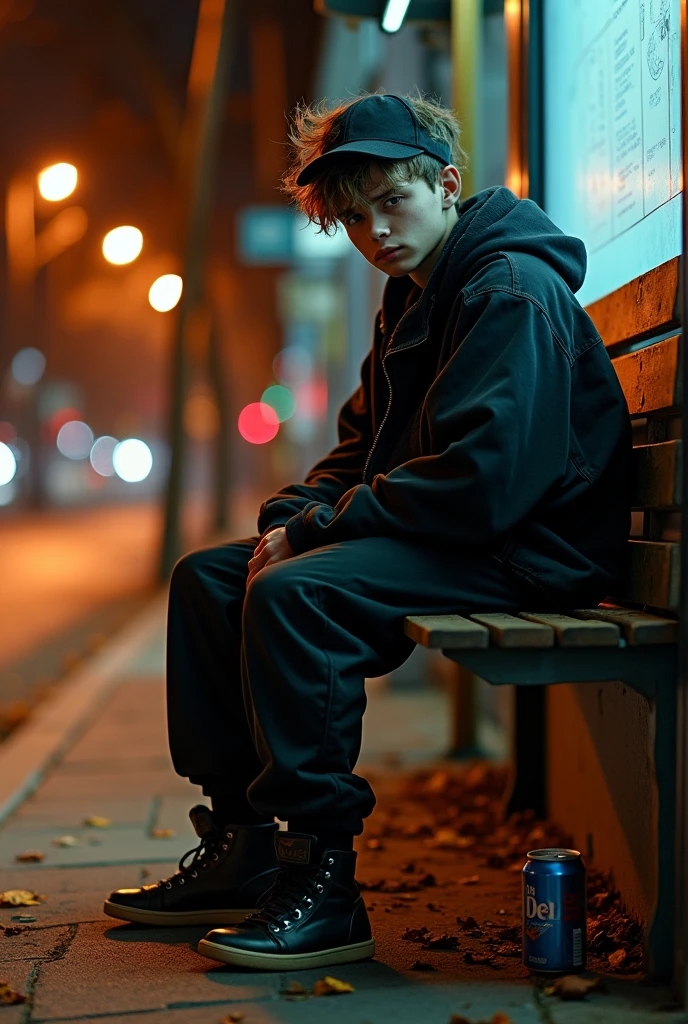Generate a poorly-groomed teenager sitting on a bench,waiting for a bus,he's wearing a black jacket and black pants. with cap 
