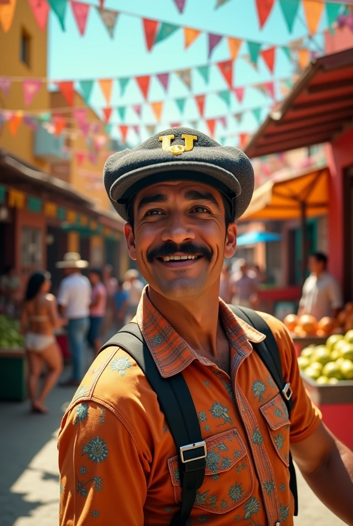 Generate a Cantinflas actor with a flat cap that has a logo of a "IN" in italics