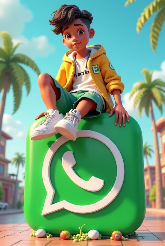 Create a 3D illustration of an animated character sitting casually on top of a social media logo "WhatsApp". The character must wear casual modern clothing such as designer shorts, essentials hoodie and white jordan shoes. The background of the image is a social media profile page with a user name "EEP" with "God's Own" below it and a profile picture that match.