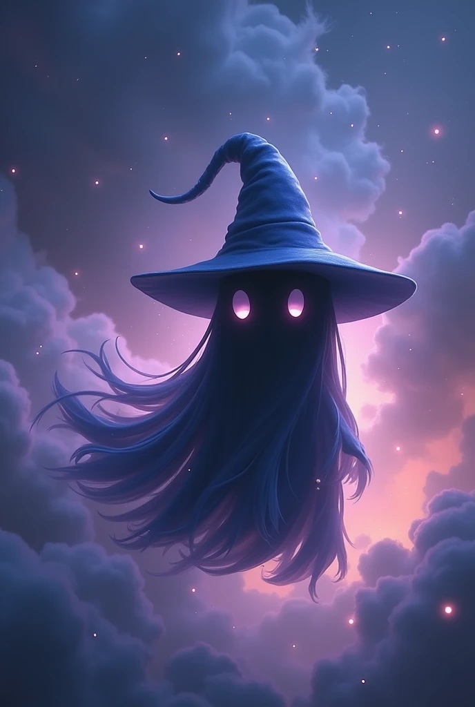 Ghostly Black Mage. Vapory and translucent shadow body. Similar to the character Vivi from Final Fantasy IX. It's small and has a cute appearance. The body must be translucent smoke like a shadow (not solid). without hat
