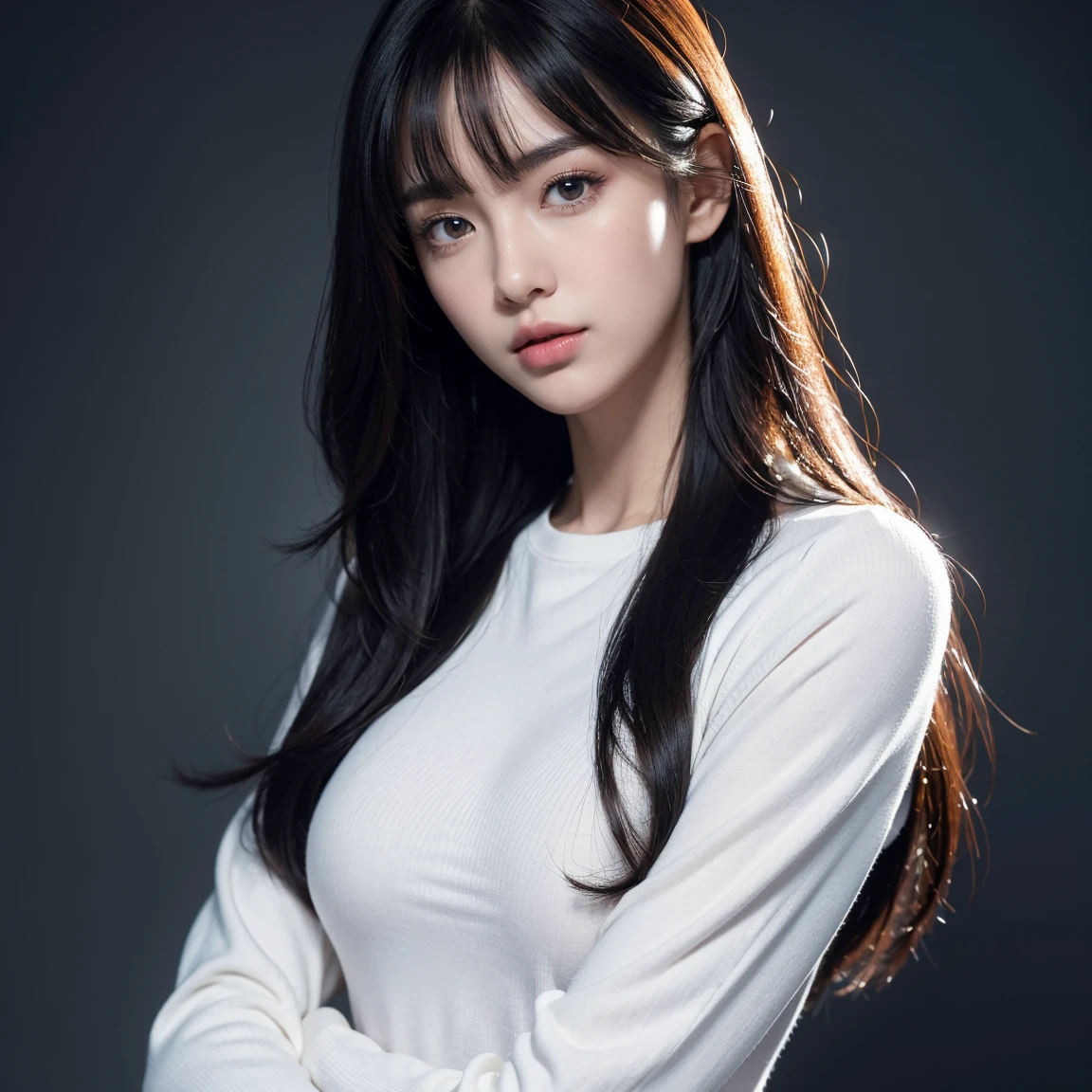 american chinese model, slim face, black wavy hair, sharp eyes, natural light, 21 years old, close-up of face, ((1 girl, Show half Body)). Ultra HD, Ultra-detailed, Highly Detailed, Ultra High Realistic, Ultra-realistic, Masterpiece:1.5, illustration:1.1, best quality:1.5, realistic, photorealistic, fine detail, perfect detail, sharp color, 4k, 8k, HDR, sharp focus, smooth detail, high resolution. (Anatomically Correct), (Detailed Realistic Skin Texture). slim body. A beautiful woman wearing long sleeves shirt and pants. dark background. Long black hair with bangs, Beautiful face, closed mouth, closed lips, detailed face, Beautiful eyes, perfect symmetrically perfect eyes.