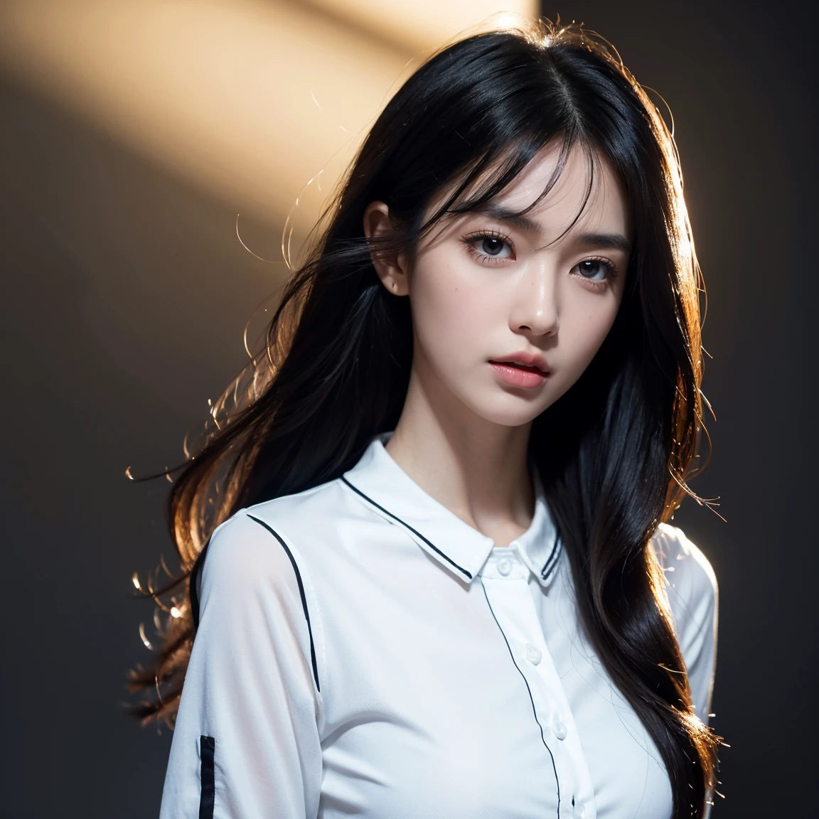 american chinese model, slim face, black wavy hair, sharp eyes, natural light, 21 years old, close-up of face, ((1 girl, Show half Body)). Ultra HD, Ultra-detailed, Highly Detailed, Ultra High Realistic, Ultra-realistic, Masterpiece:1.5, illustration:1.1, best quality:1.5, realistic, photorealistic, fine detail, perfect detail, sharp color, 4k, 8k, HDR, sharp focus, smooth detail, high resolution. (Anatomically Correct), (Detailed Realistic Skin Texture). slim body. A beautiful woman wearing long sleeves shirt and pants. dark background. Long black hair with bangs, Beautiful face, closed mouth, closed lips, detailed face, Beautiful eyes, perfect symmetrically perfect eyes.