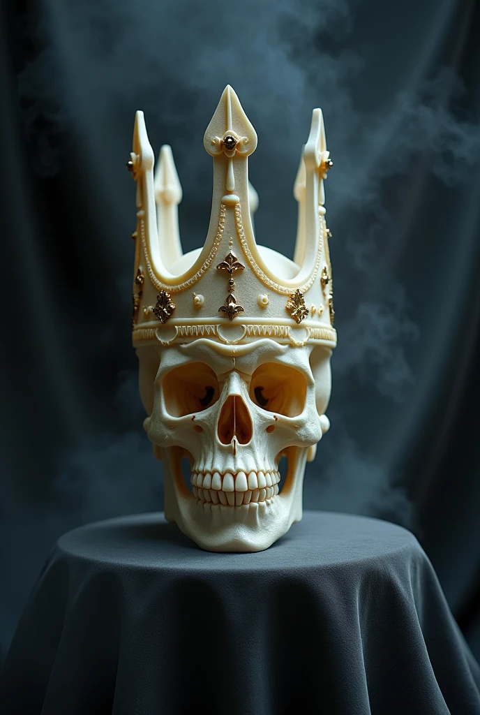 photograph of a ivory crown shaped skull, dark background, fog, smoky, dramatic lighting, misterious pedestal, gold accent