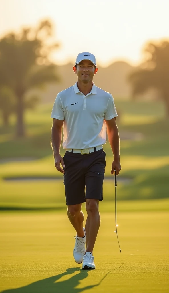 Make a picture of a handsome Korean male golf player, 50mm lens, The shoes are Nike, The hat is Nike, Make me a pair of Nike shorts, Make a view of me walking towards you,