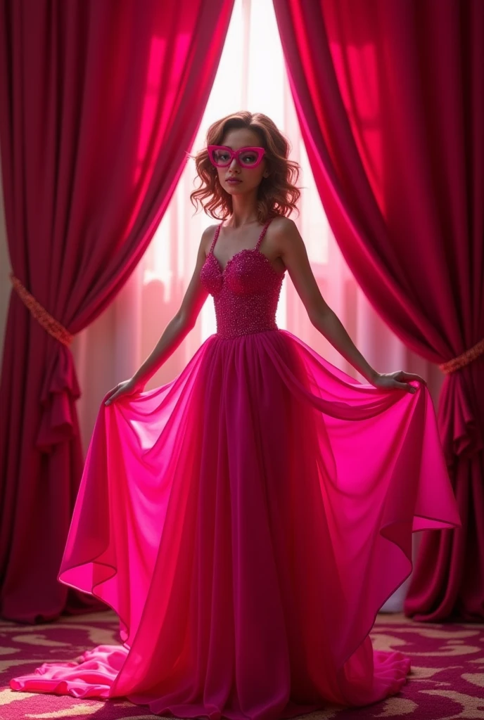 One that wears square glasses and wears a shocking pink dress,Lisa and the curtain,A