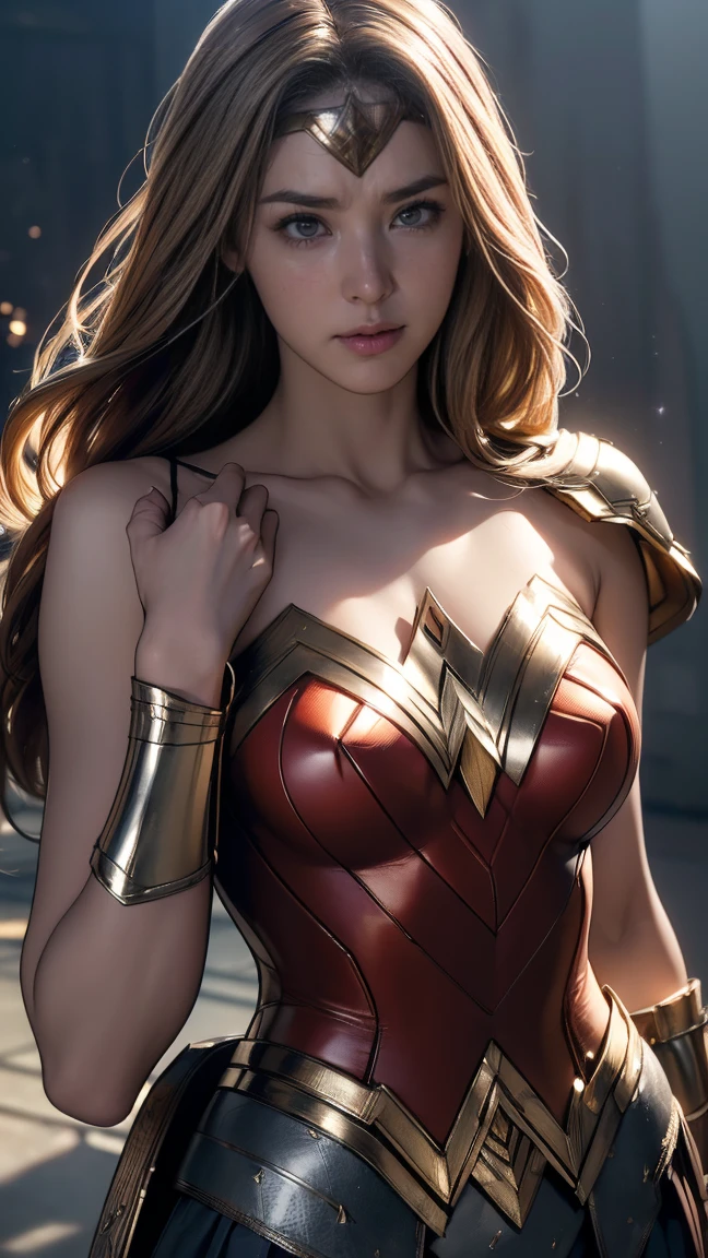 (Highest quality,4K,High resolution:1.2),Very detailed,(Realistic:1.37),Beautifully structured scenes,Dramatic lighting, Wonder Woman from a close-up shot in DC, Twisted space, twisted undead in the background,lens blur,Light Shaft, intricate and complex details, Volumetric lighting, 4K Rendering, Stock Photo, hyperRealistic texture, HDR lighting effects, Unreal Engine,SHY SMILE,Standing gracefully、Blonde long hair、Long hair that reaches down to the toes、((Removing the bulletproof guard from the hand、右手で左Removing the bulletproof guard from the hand:1.3))、((Undressing、Removing the hand attachment:1.3))))、((Take off only the upper body、Starts taking off costume、Embarrassed to take off:1.5))