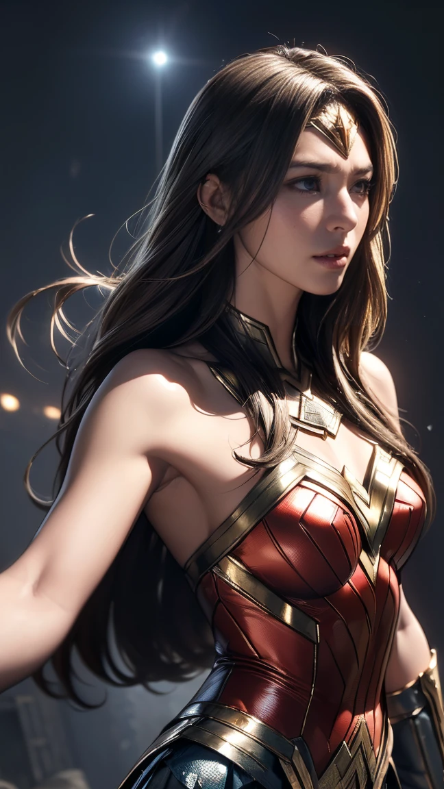 (Highest quality,4K,High resolution:1.2),Very detailed,(Realistic:1.37),Beautifully structured scenes,Dramatic lighting, Wonder Woman from a close-up shot in DC, Twisted space, twisted undead in the background,lens blur,Light Shaft, intricate and complex details, Volumetric lighting, 4K Rendering, Stock Photo, hyperRealistic texture, HDR lighting effects, Unreal Engine,SHY SMILE,Standing gracefully、Blonde long hair、Long hair that reaches down to the toes、((Removing the bulletproof guard from the hand、右手で左Removing the bulletproof guard from the hand:1.3))、((Undressing、Removing the hand attachment:1.3))))、((Take off only the upper body、Starts taking off costume、Embarrassed to take off:1.5))