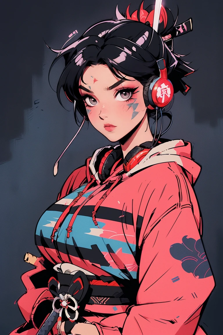 (((1 girl))), (((Flashy makeup))), (((Japanese style headphones))), (((Japanese pattern hoodie, with open breast))), (((Japanese sword))), (((Female samurai))), Japanese beautiful girl, extra big breast ,Black Hair, Delicate and precise, Modern ukiyo-e style, Japanese flag, red and blue neon