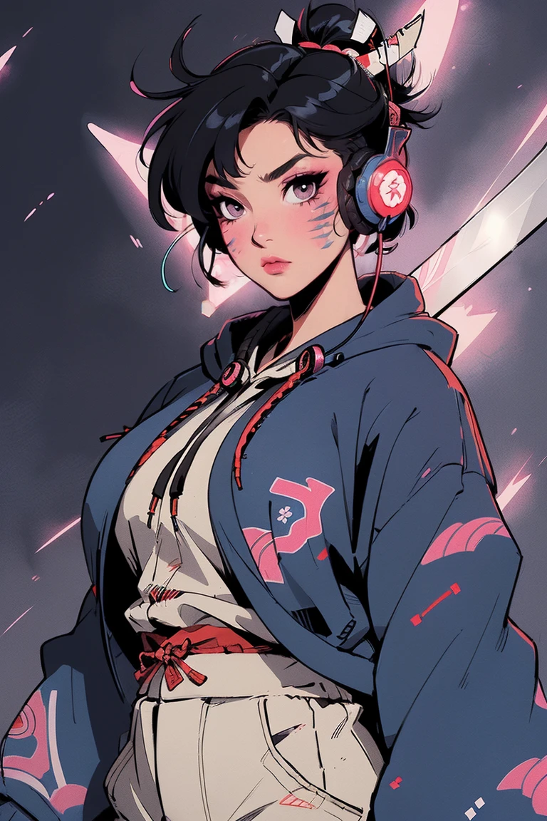 (((1 girl))), (((Flashy makeup))), (((Japanese style headphones))), (((Japanese pattern hoodie, with open breast))), (((Japanese sword))), (((Female samurai))), Japanese beautiful girl, extra big breast ,Black Hair, Delicate and precise, Modern ukiyo-e style, Japanese flag, red and blue neon