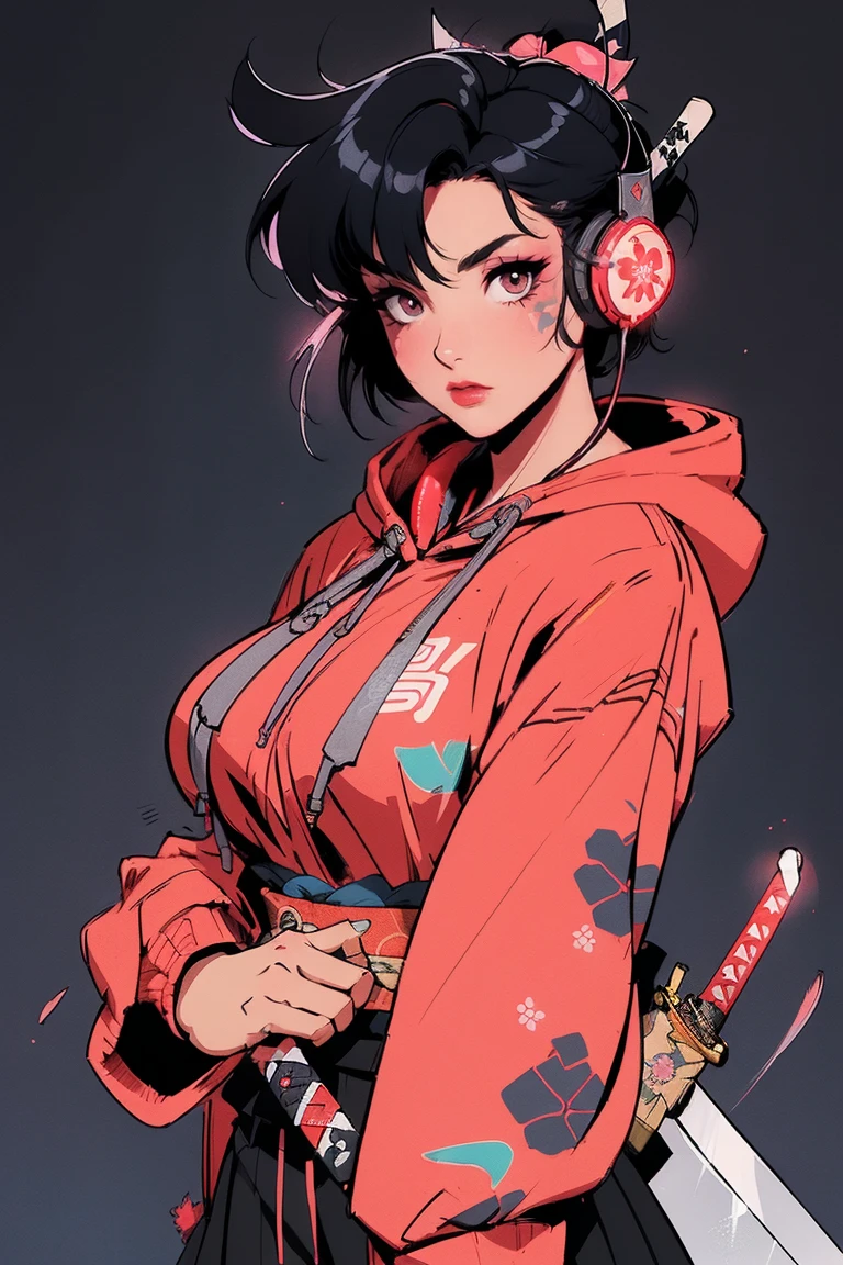 (((1 girl))), (((Flashy makeup))), (((Japanese style headphones))), (((Japanese pattern hoodie, with open breast))), (((Japanese sword))), (((Female samurai))), Japanese beautiful girl, extra big breast ,Black Hair, Delicate and precise, Modern ukiyo-e style, Japanese flag, red and blue neon