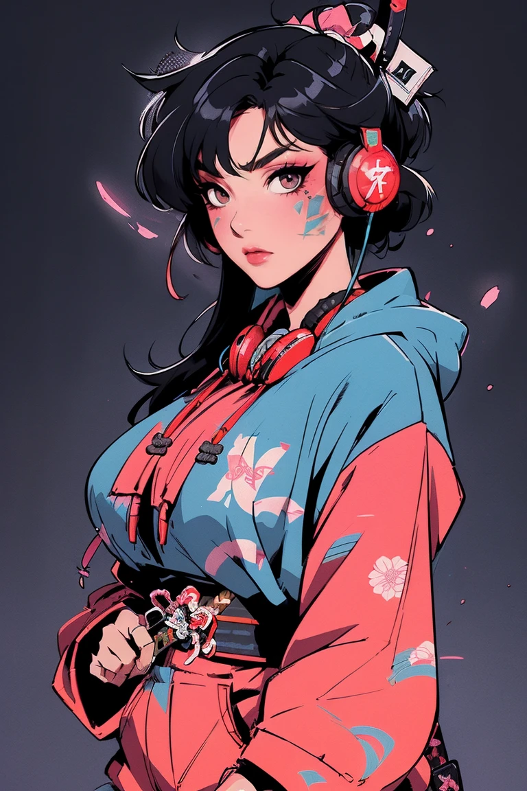 (((1 girl))), (((Flashy makeup))), (((Japanese style headphones))), (((Japanese pattern hoodie, with open breast))), (((Japanese sword))), (((Female samurai))), Japanese beautiful girl, extra big breast ,Black Hair, Delicate and precise, Modern ukiyo-e style, Japanese flag, red and blue neon