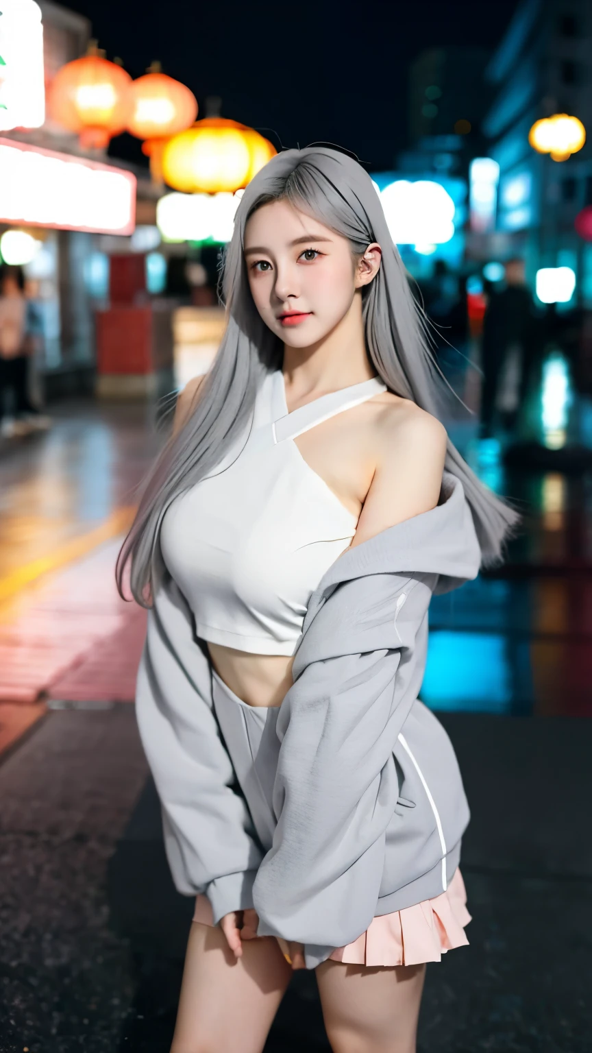 1 Girl, Beautiful, 20 Years Old, White Skin, Colossal Breasts, Sexy Pose, Anime Outfit Coatumes, ((Pastel Colour Outfit)), ((Grey Eyes)), Muscles, Bokeh, Chinese Street Background, Masterpiece, ((Night)), Shoulder Off