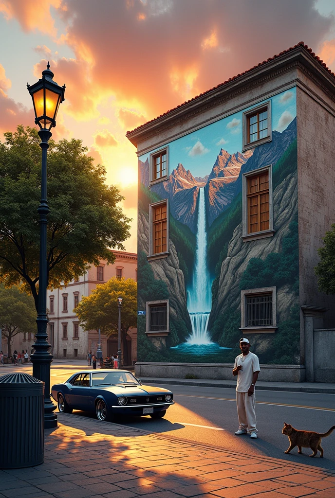 An old and big building by a quiet street with a colourful and bright colours full with murals of waterfall and mountains, focus the image of murals from in front and from a distance, add some of things such as tree, lamp street, aluminium big dustbin, cat walking, old car park at the side of the road, a man wearing cap with white shirt and baggy pant hip-hop style sit on the ground at the side of the building. Sunset lighting, Highly-detailed, ultra-sharp, surrealism.