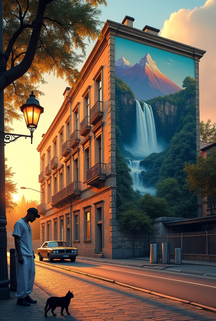 An old and big building by a quiet street with a colourful and bright colours full with murals of waterfall and mountains, focus the image of murals from in front and from a distance, add some of things such as tree, lamp street, aluminium big dustbin, cat walking, old car park at the side of the road, a man wearing cap with white shirt and baggy pant hip-hop style sit on the ground at the side of the building. Sunset lighting, Highly-detailed, ultra-sharp, surrealism.
