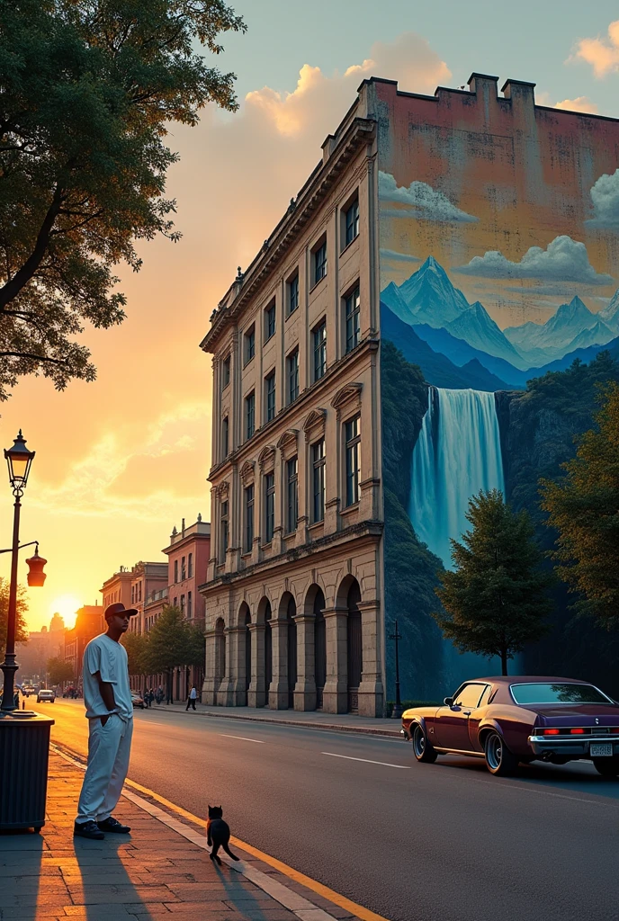 An old and big building by a quiet street with a colourful and bright colours full with murals of waterfall and mountains, focus the image of murals from in front and from a distance, add some of things such as tree, lamp street, aluminium big dustbin, cat walking, old car park at the side of the road, a man wearing cap with white shirt and baggy pant hip-hop style sit on the ground at the side of the building. Sunset lighting, Highly-detailed, ultra-sharp, surrealism.