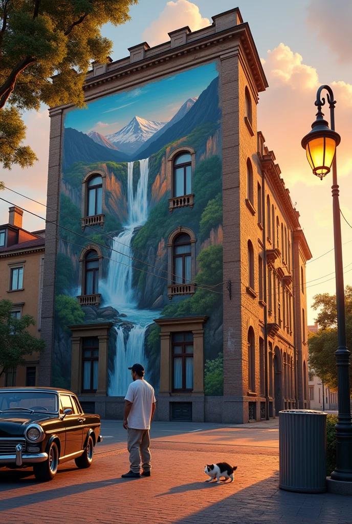 An old and big building by a quiet street with a colourful and bright colours full with murals of waterfall and mountains, focus the image of murals from in front and from a distance, add some of things such as tree, lamp street, aluminium big dustbin, cat walking, old car park at the side of the road, a man wearing cap with white shirt and baggy pant hip-hop style sit on the ground at the side of the building. Sunset lighting, Highly-detailed, ultra-sharp, surrealism. 