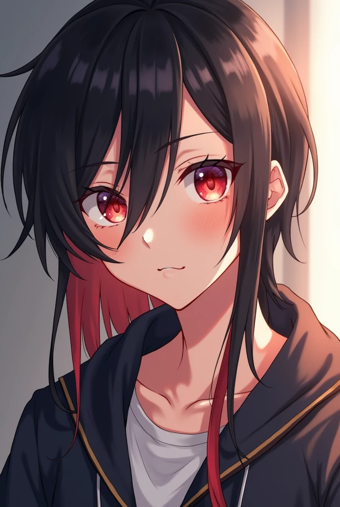 Light-skinned anime male with semi-long hair, half black, half red