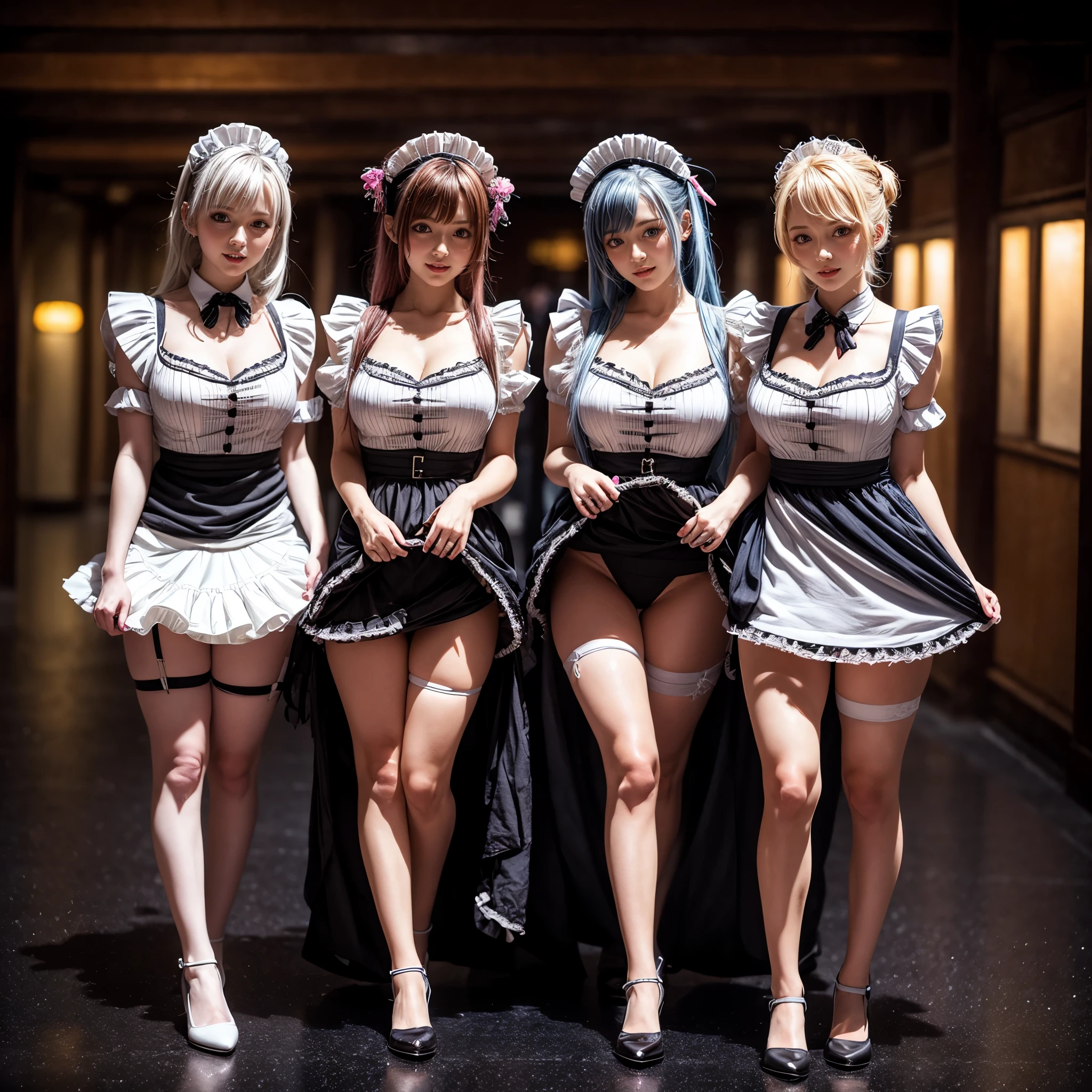 (Full Body of Extremely Detailed((Kawaii Maid Group in a row:1.37))), Cute perfect face, Reflective Eyes, Detailed(Delicate Clothing textures), Correct Leg Line, Dynamic Joyful Expressions LifeLike Rendering, Specular Reflection, TopQuality 8K Ultra-detailed masterpiece (ProfessionalPhoto:1.37), (Acutance:0.8), (Luminism:1.28), (Renaissance art style), Colorful Light particles, ((Full body from side)), {MicroMini Skirt|Kissing|Breast Lifting|Undressing|Thigh Gap|AssFocus}, Radiant Fine Skin with Transparency, (Exposed:0.5), (Different types of Anime hair color){Pink Hair|Blue Hair|Platinum Blonde|Pure White Hair|Liquid Hair}, Perfect Lighting