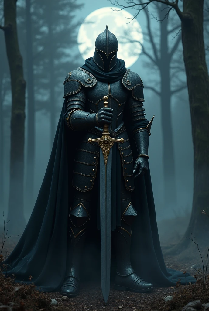 Black Knight,Knight in black armor,Stab the two-handed sword into the ground,Hold the hilt of the sword with both hands,Black Cape,Otherworldly Armor,Gold color line,Night Forest,fog,Cloak fluttering in the wind,(Wear a black robe over your armor)