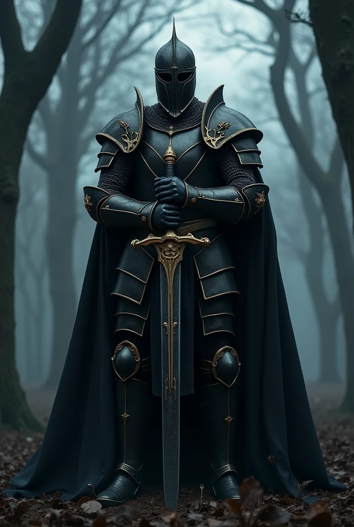 Black Knight,Knight in black armor,Stab the two-handed sword into the ground,Hold the hilt of the sword with both hands,Black Cape,Otherworldly Armor,Gold color line,Night Forest,fog,Cloak fluttering in the wind,(Wear a black robe over your armor)