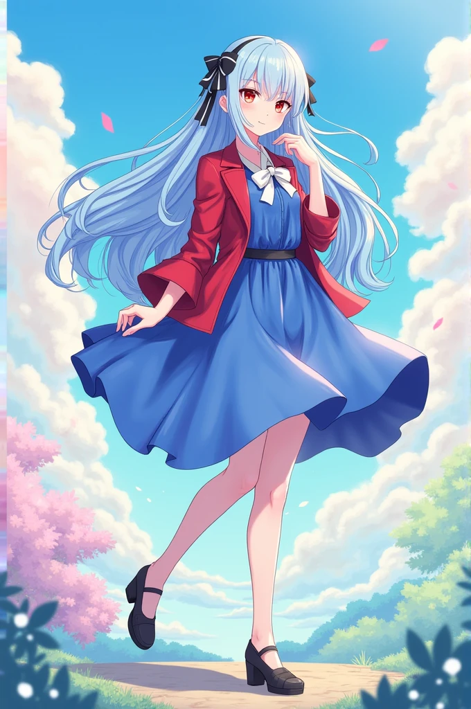 Illustration of a person with light blue hair, red eyes, long hair, wearing a blue dress and a red jacket.