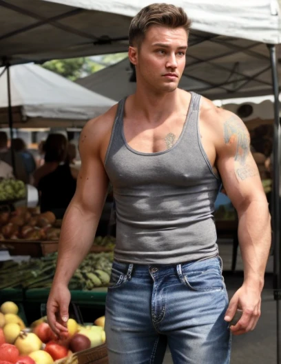 JordanBrandt, wearing a tank top and jeans, at the farmers market