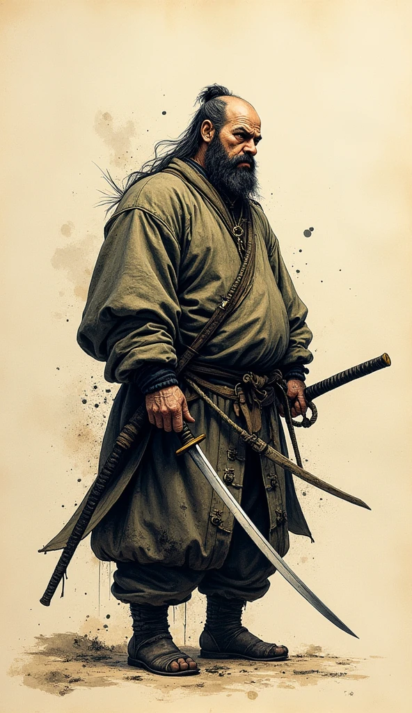old book style ink illustration, on parchment, ink splashes, ink stains, ink smears, faded ink, samurai chubby Dzungarian capibara, katana, coat, pantless, linquivera, on parchment