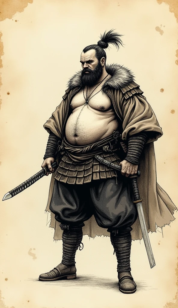 old book style ink illustration, on parchment, ink splashes, ink stains, ink smears, faded ink, samurai chubby Dzungarian capibara, katana, coat, pantless, linquivera, on parchment