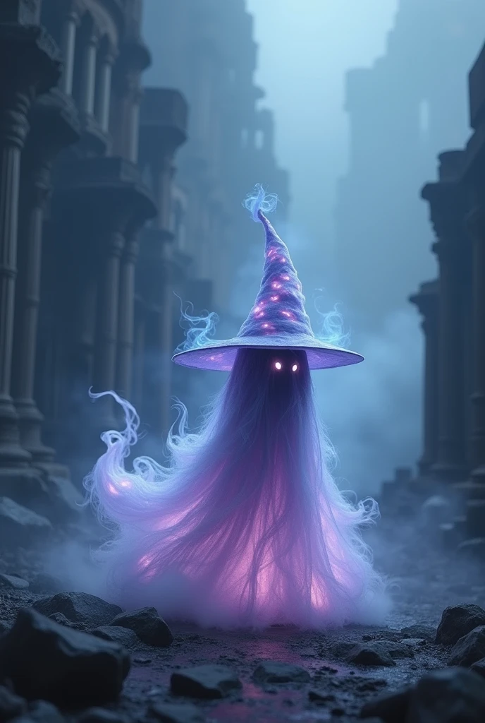 Ghostly Black Mage. Vapory and translucent shadow body. Similar to the character Vivi from Final Fantasy IX. It's small and has a cute appearance. The body must be translucent smoke like a shadow (not solid). he doesn&#39;t wear a hat


