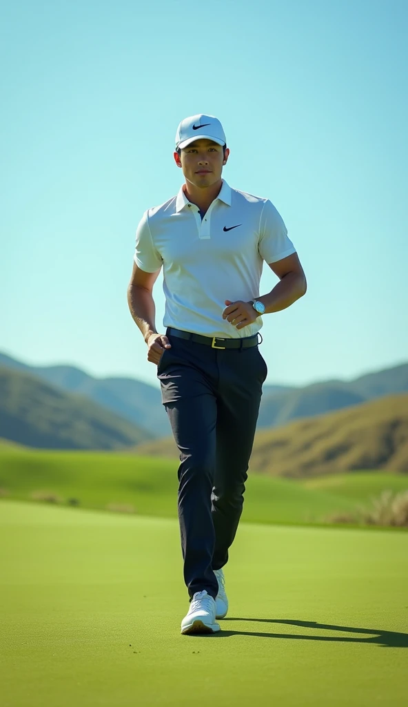 Make a picture of a handsome Korean male golf player, 50mm lens, The shoes are Nike, The hat is Nike, Make me a pair of Nike shorts, Make a view of me walking towards you,