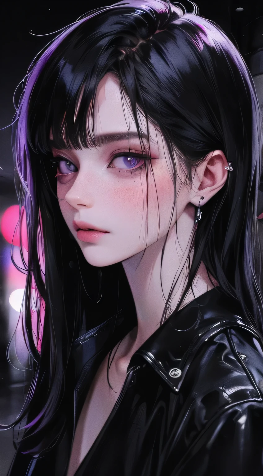 (Best quality,4K,8 K,a high resolution,masterpiece:1.2),ultra detailed,(realistic,photorealistic,photo-realistic:1.37), depressive anime guy, Pure black hair, dark purple eyes, wear a black shirt, dead eyes, emotionless, Dark Shadows, Rain pouring in the background, wet streets, atmosphere, urban setting, reflections on the pavement, Unsaturated colors, dim neon lights, мрачная atmosphere, Beautiful