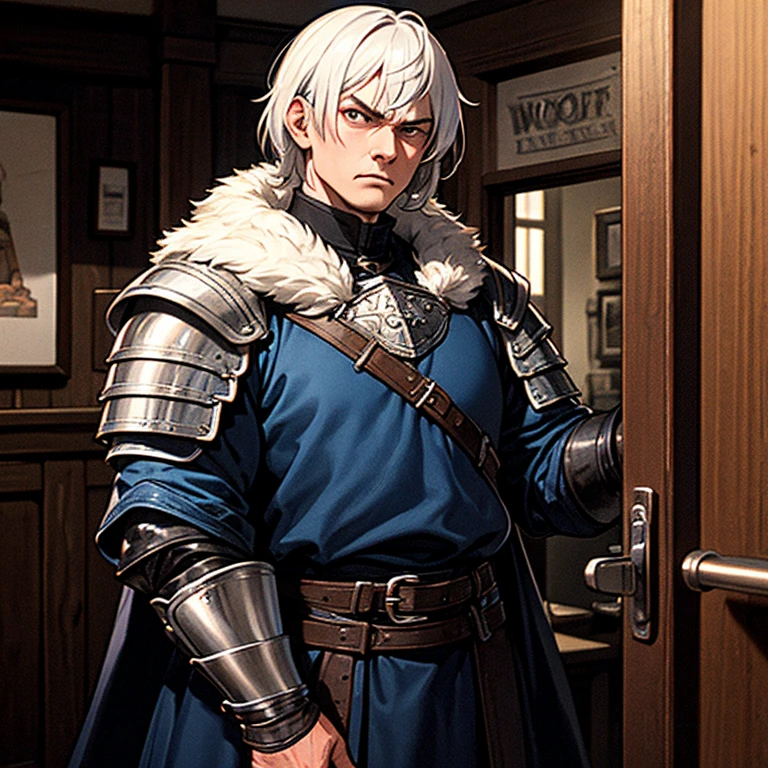 The young man is tall, muscular, wide, clear-eyed, With shaved white hair, Wear medieval armor with wolf shoulder pads, black and blue cloak, angry at the front door of the tavern, realistic, Full HD, Best quality