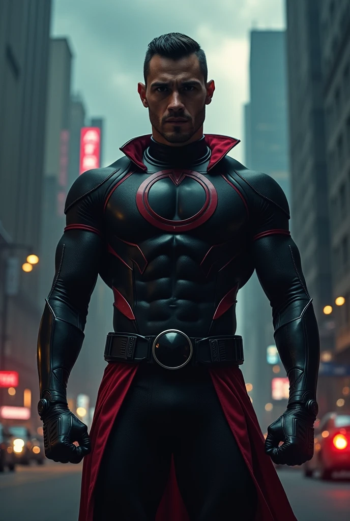 a hispanic male, super villian with a black seni-futuristic, costume with red details with cut off sleves, and a black circle in the center of the chest, and he holds a pendant with a black circle on it