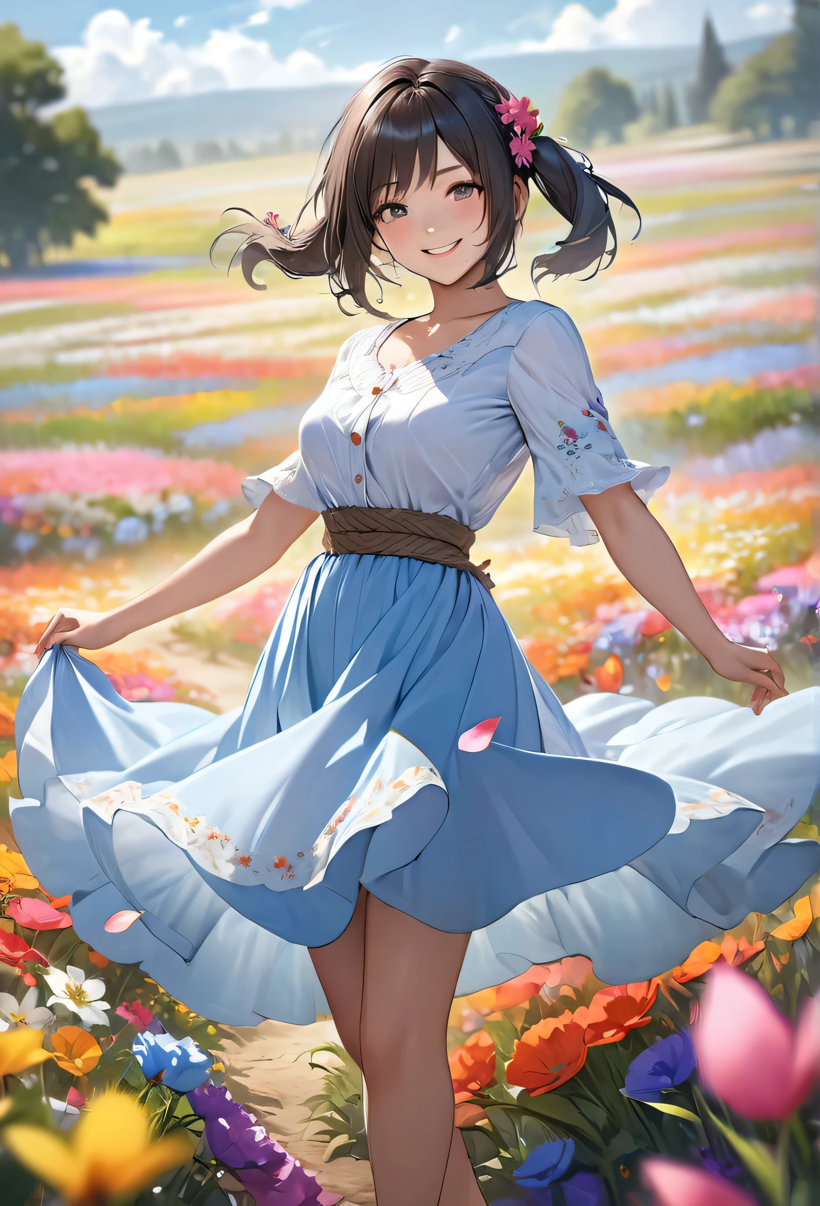 Official Art, wallpaper, Very detailed, (((Very detailed))), Realistic portraits, (high quality, masterpiece, High resolution), 8K  UHD, high quality, There is a woman, surrounded by colorful flowers, Flower Field, female portrait With flowers, Beautiful young dark-haired woman, 4K, 8k, Background Blur, smile, Anatomically correct, Dynamic, Full body photo, Dancing petals, Western, dance, Bouncing, prairie, open field, beautiful sunny day, blue sky, light from the front, twin tails bob