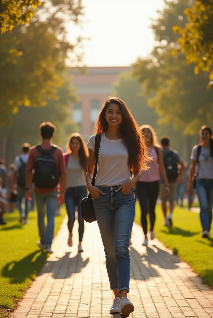 Same indian female age 28, in her college campus see her friend which is another female. She comes with her boyfriend and she is talking to them. All are wearing tshirt jeans