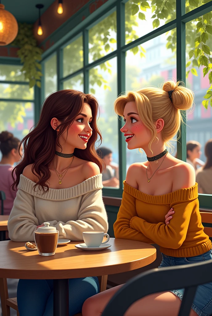 ((best quality)), ((masterpiece)), (detailed), 2girl, off-shoulder sweater, big boob