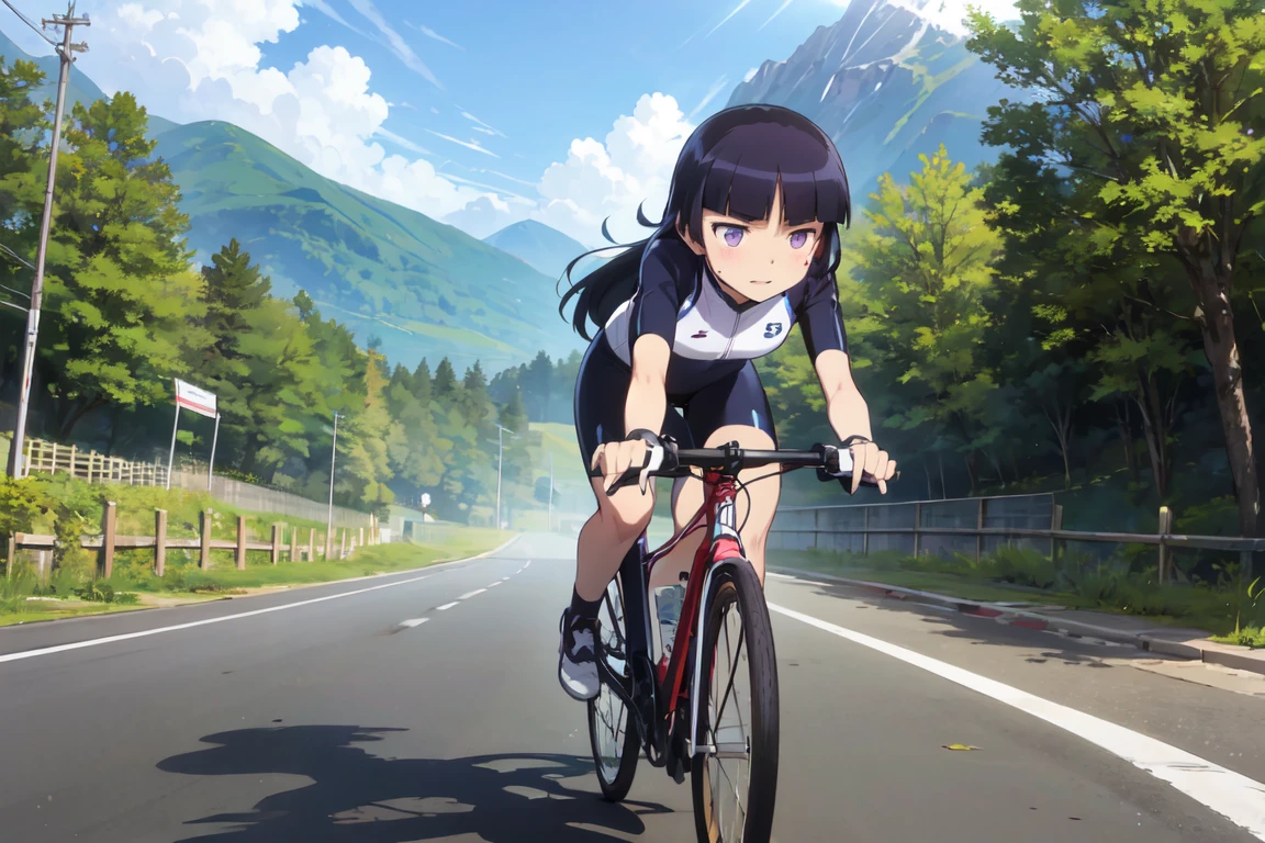 ride a bicycle, (ruri gokou), woman, alone,Hime cut, Mole under the eye, (Helmet), Cycle pro team wear, Mountain course, Road race, Sweat glistens, sunlight, Rough road, Energetic