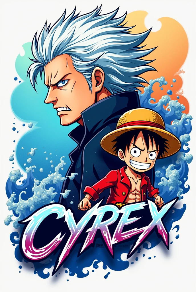 generate logo with gojo satoro and luffy name CYREX