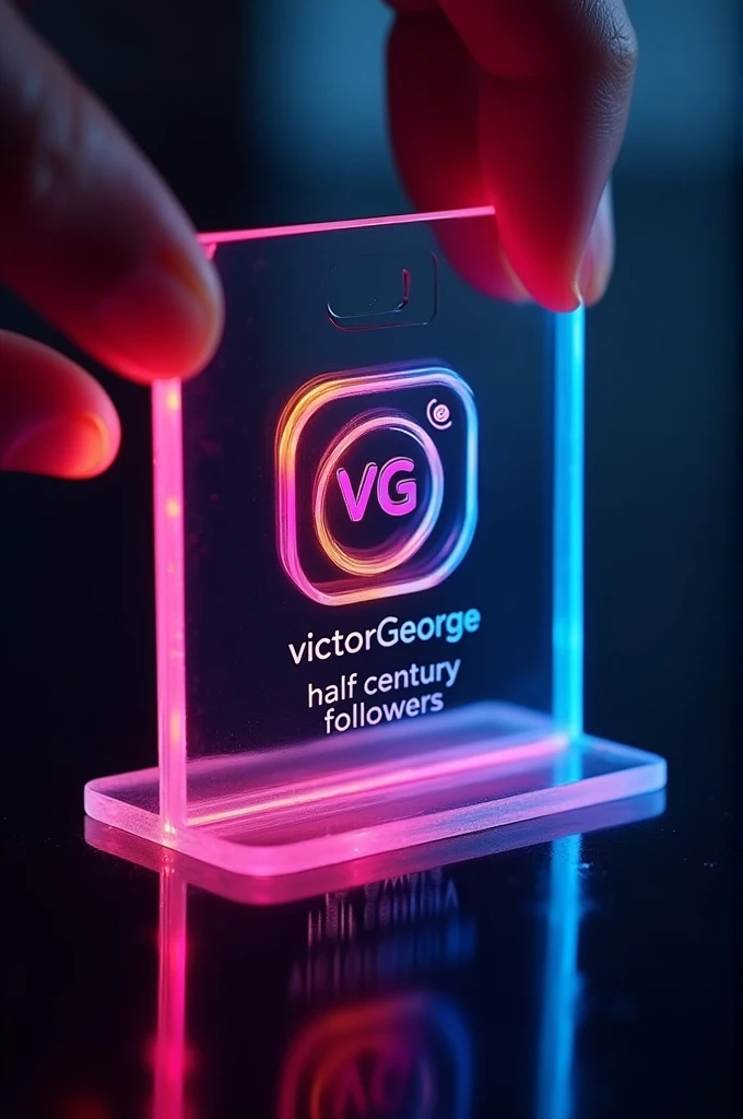 Create a Instagram profile on a glass ID card on a black desk displaying Instagram logo and with VG letters logo in a circle with  victorGeorge 472 is written in bold fonts under the profile and half century followers written the Instagram card is glowing in pink and blue colour on the edge one corner is held with two fingers