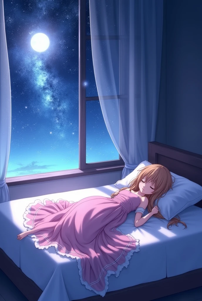 A anime wearing full pink frock and wearing scarf sleeping on the bed, her left side is open window, sky with stars midnight ravishing image