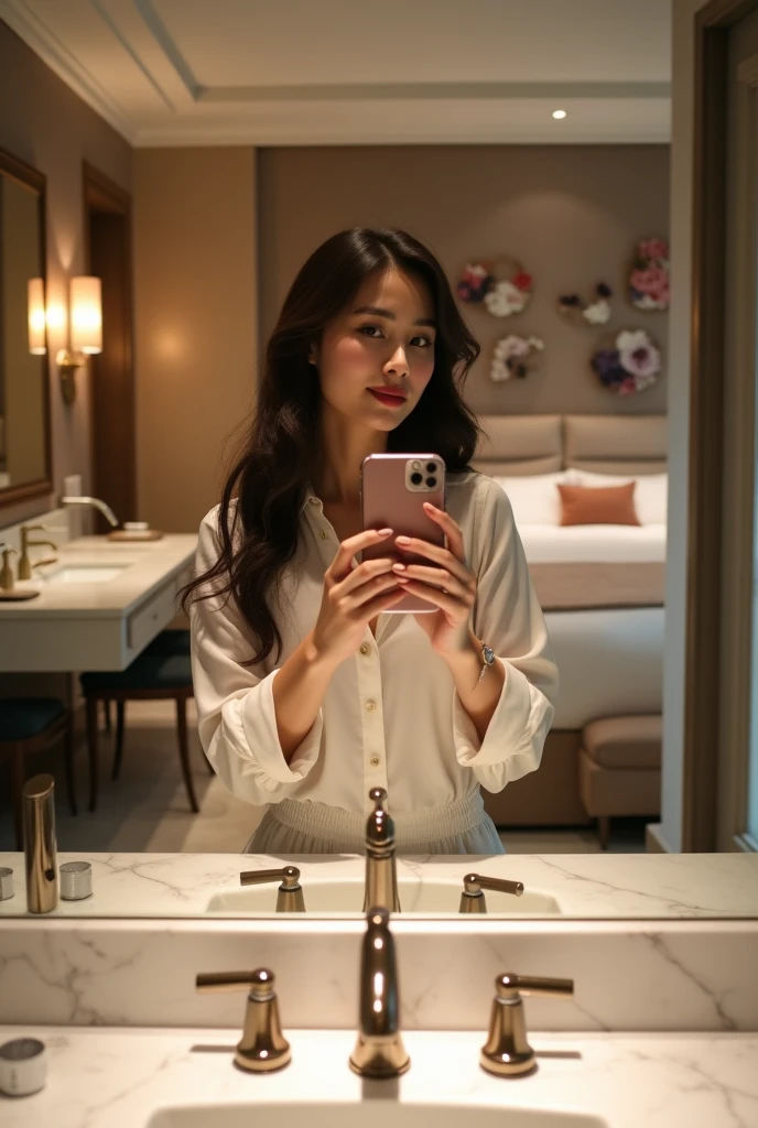 A high-quality self-portrait of an Asian woman using an iPhone 15 Pro Max to take a mirror selfie. She is standing in a luxurious hotel bathroom, with a stylish bedroom visible in the background. The lighting is soft and flattering, highlighting the elegant and modern design of the bathroom, with marble countertops and high-end fixtures. The reflection in the mirror shows the woman holding the phone with confidence, capturing the upscale atmosphere of the hotel room