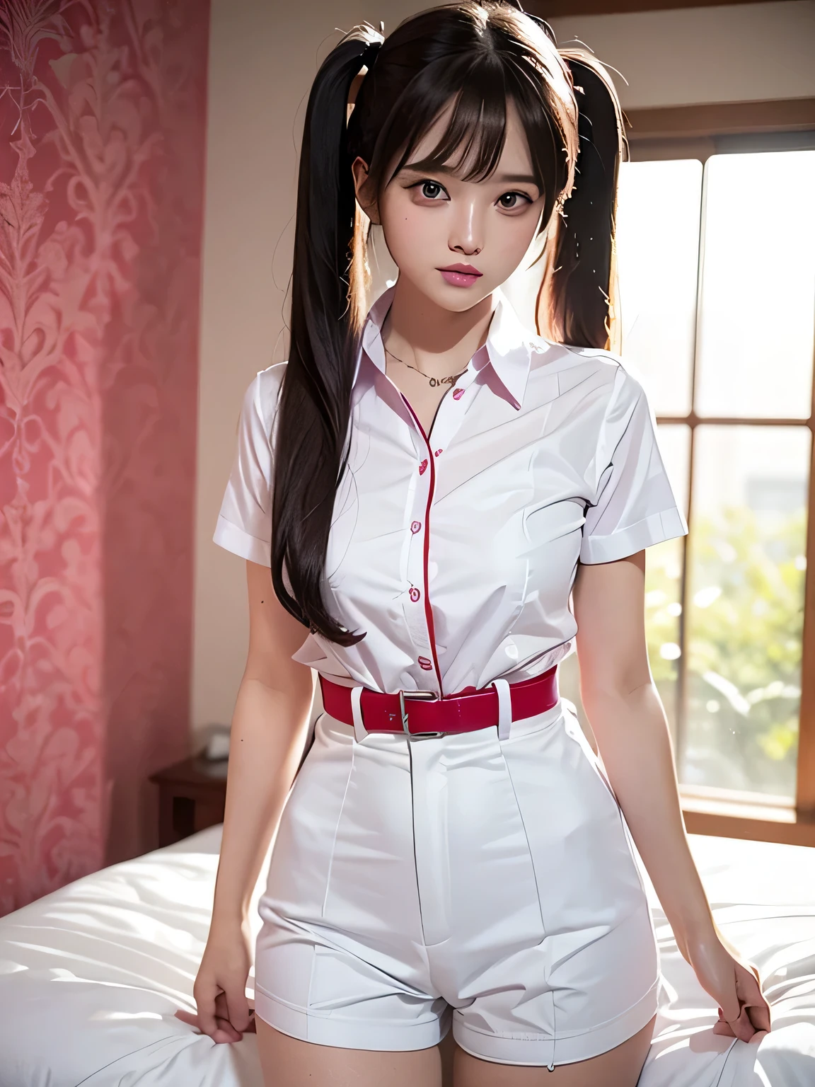 　(Highest quality、8k、32K、masterpiece、Hmph:1.2)、(masterpiece, Highest quality), Realistic photos, high school girl、、Twin tails、Instagram, Bright colors, High Dynamic Contrast, Slender figure、thin、Small, shapely breasts、One person,  Purple eyes, Lips parted, blush, compensate, A light smile, Red tie、White short-sleeved shirt、sexy、Red exy、Sweat, Wet, light, Shine,  Tight waist, (masterpiece), Pink Wallpaper,