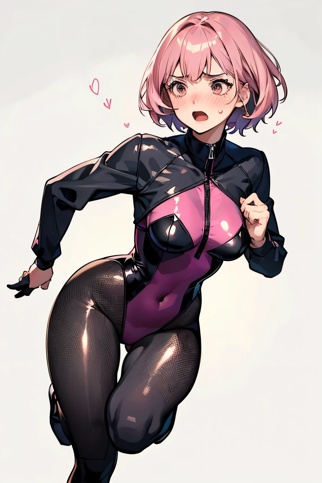 (highest quality:1.2), a 20-years-old girl is running, looking shy, Blush with embarrassment,front view, a photorealistic cute girl, beautiful face with fighting spirits, European face, noble face, large eyes, beautiful lip,open mouth with embarrassed, shameful face, shameful but energish, Short-cut pink hair, full body portrait, wearing long sleeve leotard,tight-fitting and extra shiny black leotard, wearing fishnet bodysuits, wearing red belt