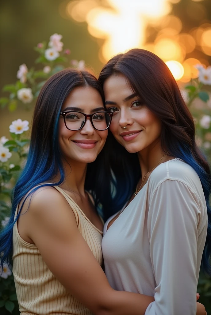 Couple, she curvy body, big cheeks, big butt, black hair with blue, big brown eyes, fair skin with a nose piercing and fair skin, straight hair styled up and small rectangular glasses and a wide nose with dimples in the cheeks and fair skin