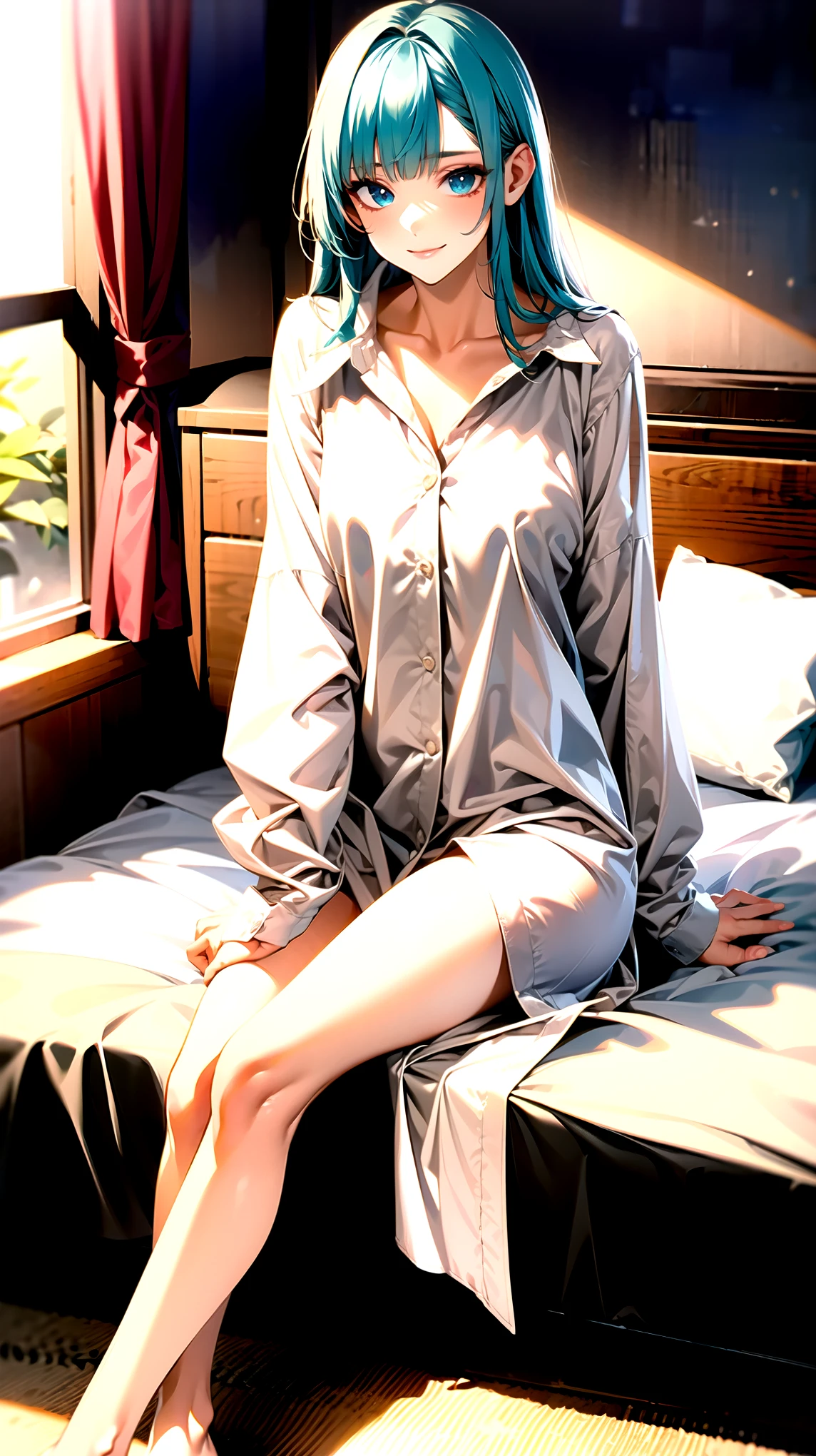 ((super high quality,Ultra-high resolution,4K,8k,super masterpiece,Ultra HD ,Detailed shading)),Full body photo,A room where the morning sun shines,Sit on the bed,1 high school girl,popped collar White shirts,Bend your sleeves up to your elbows.,Straight emerald blue hair that extended to her shoulders,Side-swept bangs,Light blue eyes,Sharp gaze with raised eyebrows,smile,