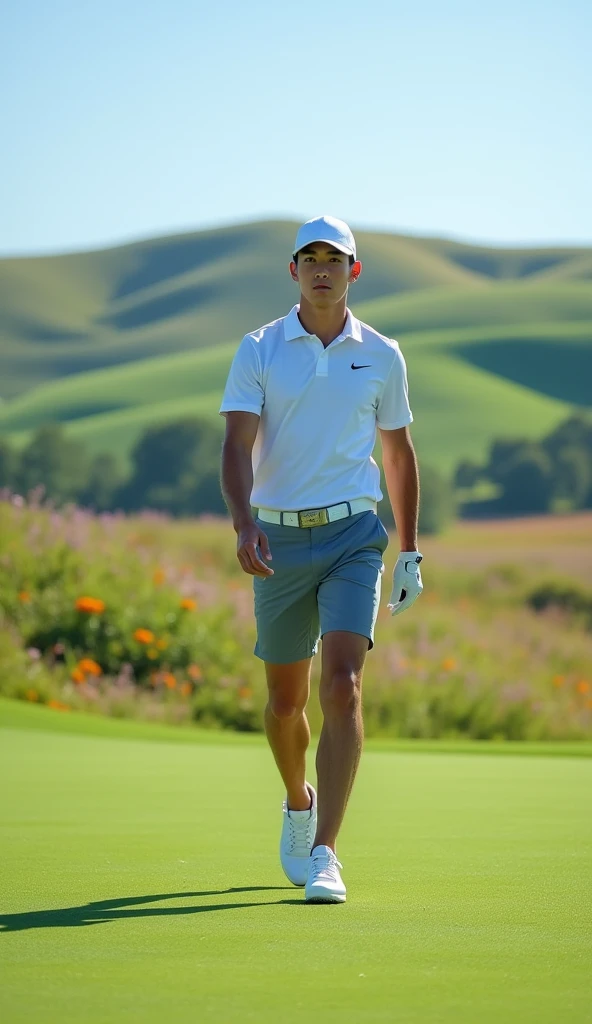 Make a picture of a handsome Korean male golf player, 50mm lens, The shoes are Nike, The hat is Nike, Make me a pair of Nike shorts, Make a view of me walking towards you,