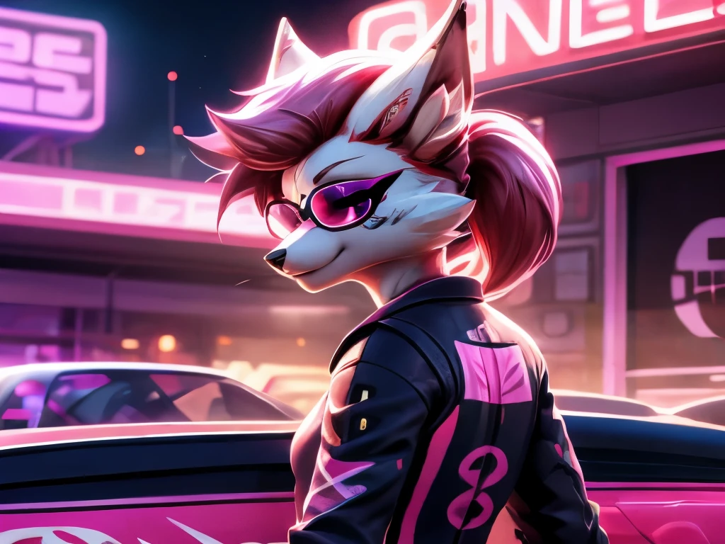furry female anthro, fox girl, dressed, sunglasses, driving a car, neon lights, like a retro racing game, high speed, racing suit