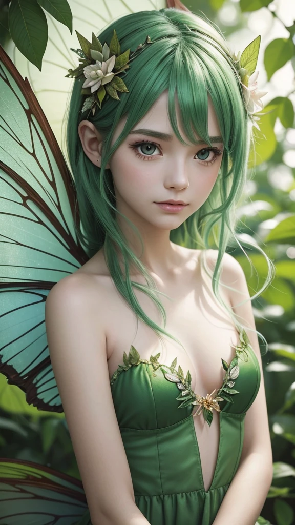 “Create an extreme close-up portrait of a Leaf Fairy. The fairy should have vibrant green hair, delicate leaf or flower-like wings, and a serene expression. The background should be heavily blurred to emphasize the fairy’s face, with soft, nature-inspired colors.”