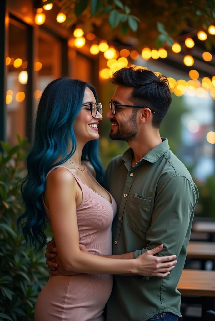 Couple, she curvy body, big cheeks, big butt, black hair with blue, big brown eyes, fair skin with a nose piercing and fair skin, straight hair styled up and small rectangular glasses and a wide nose with dimples in the cheeks and fair skin